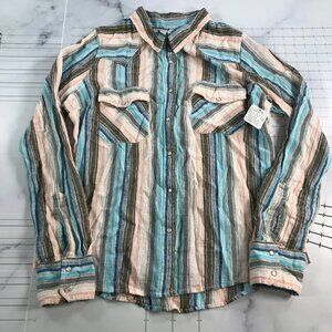 Free People Shirt Womens Large Blue Pink Gray Linen Blend Button Down Pearl Snap